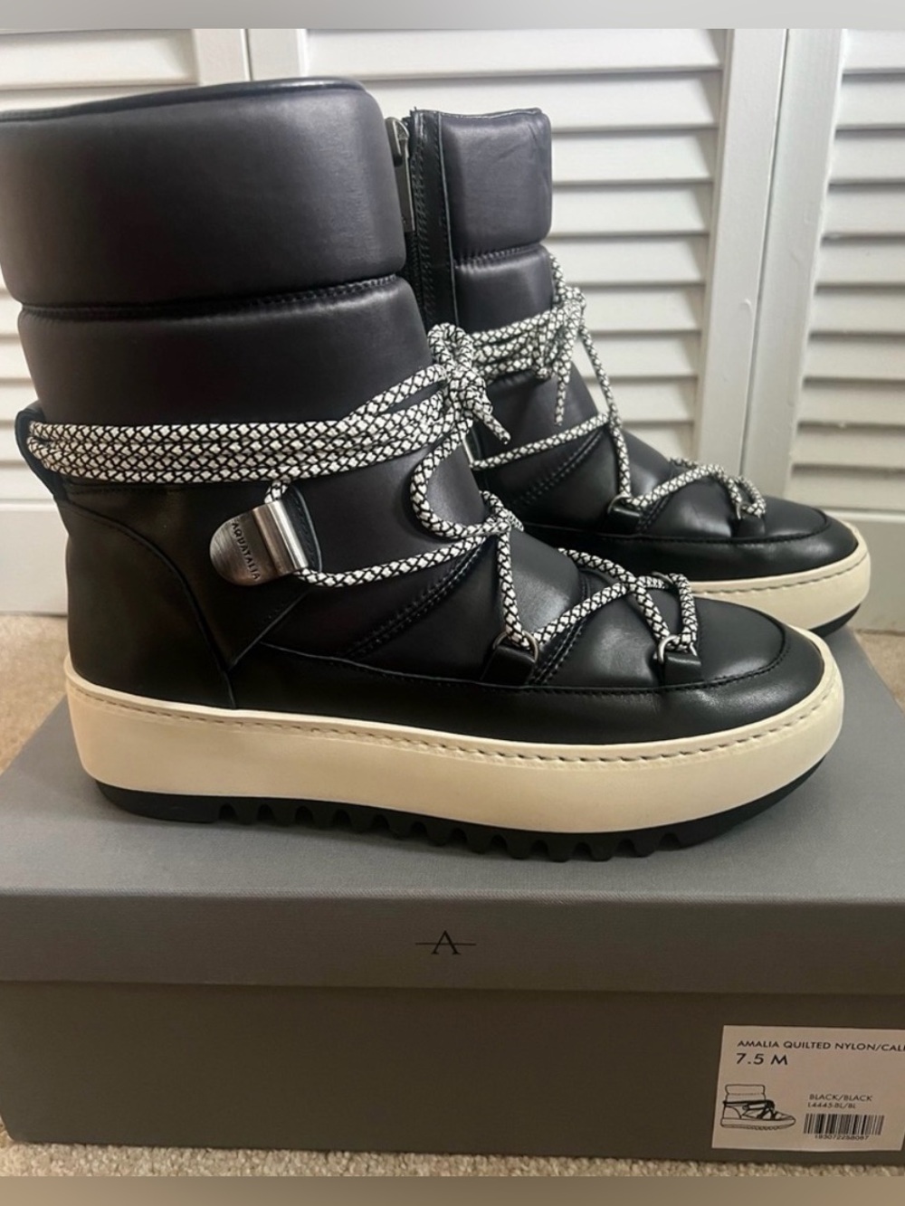 Aquatalia Black Quilted Platform Winter Boot with Cream Sole